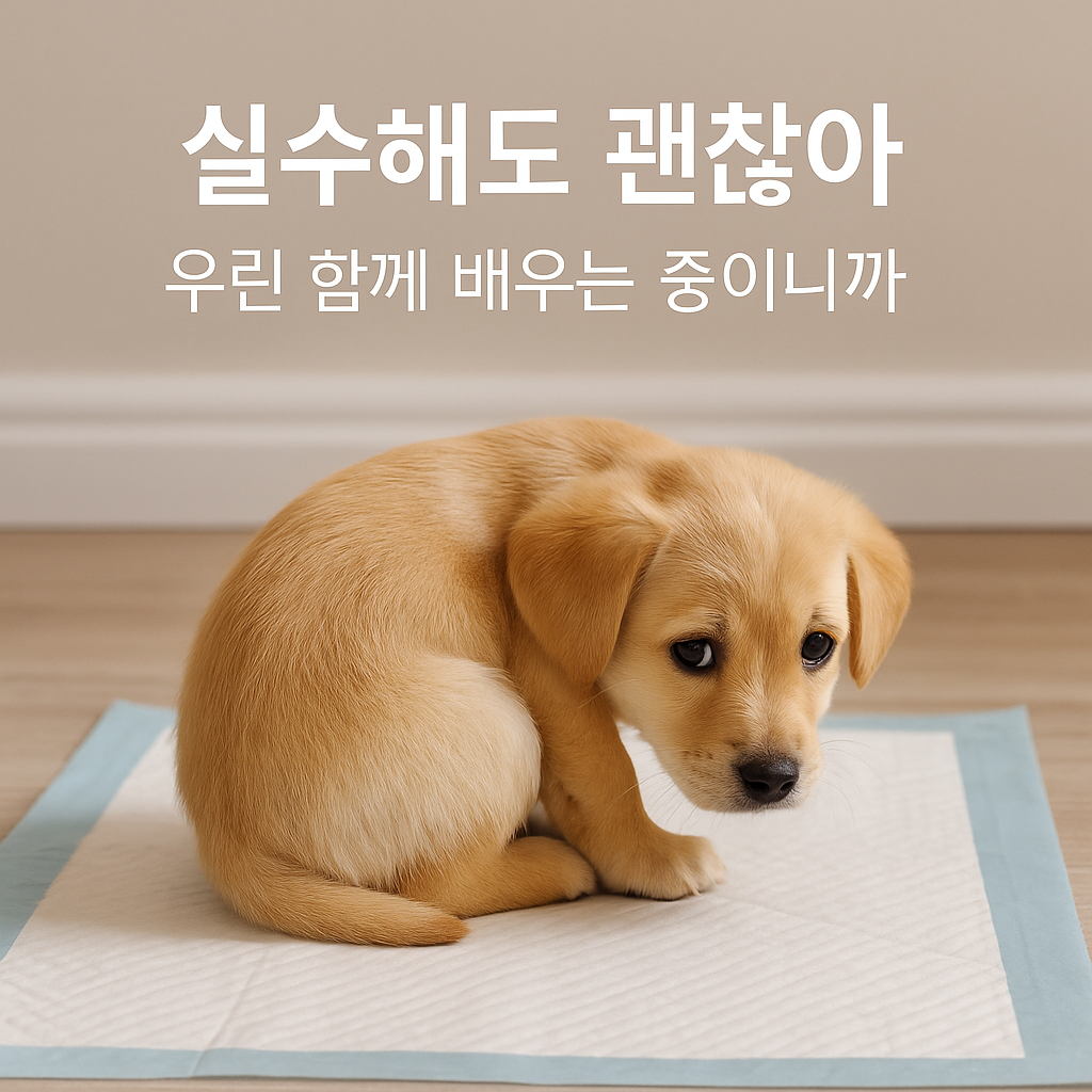 조그마한 강아지가 배변패드 위에서 기가죽어 시무룩한 사진