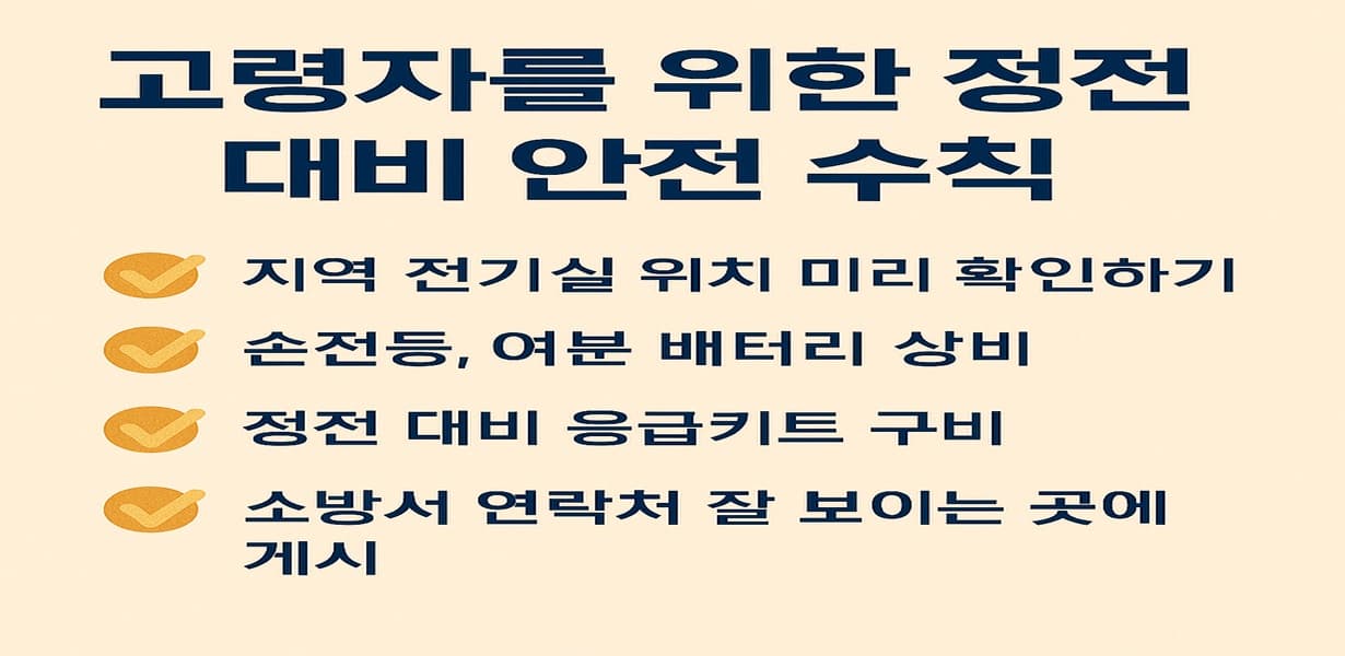 고령자를 위한 정전 대비 안전 수칙을 체크리스트 형식으로 안내한 한국어 인포그래픽