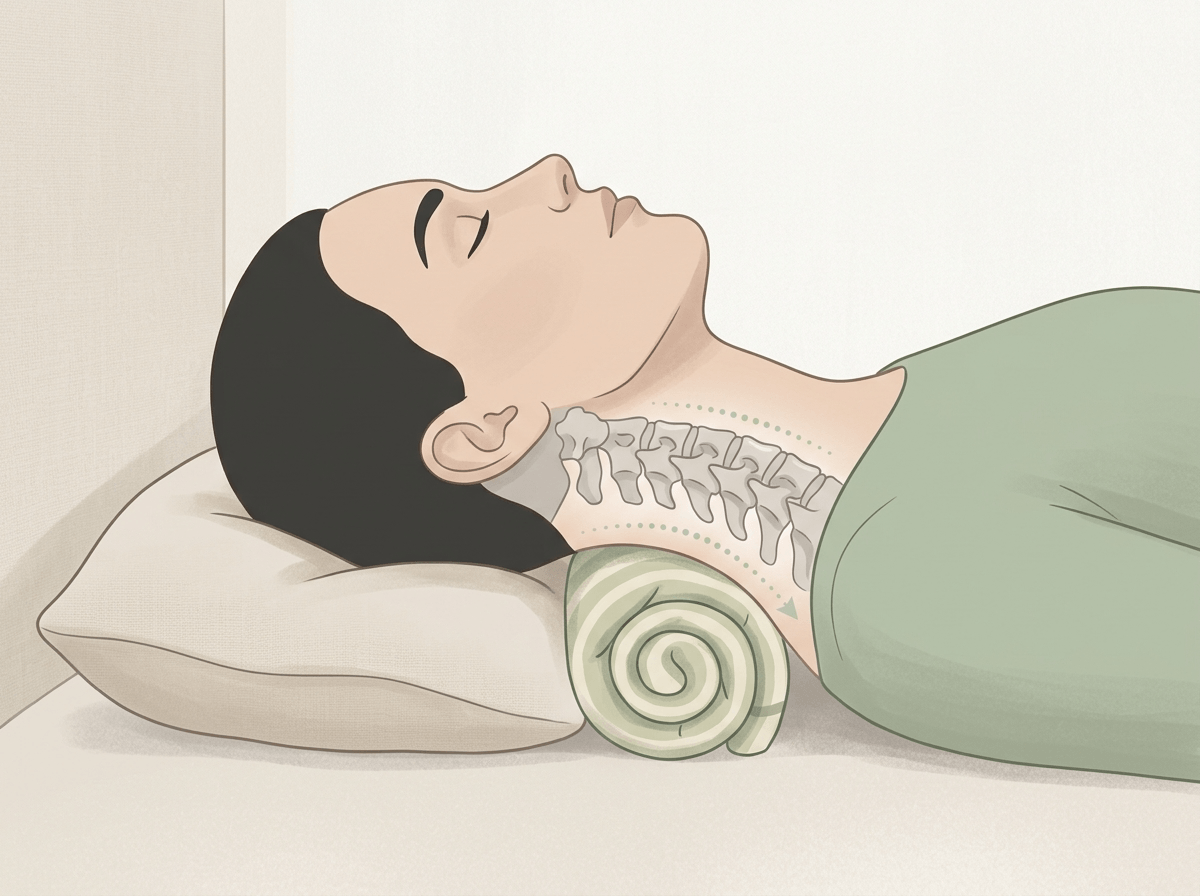 수건을 말아 베개 위에 올려놓는 임시 경추 지지대 일러스트