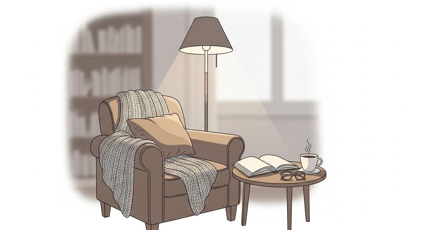 아늑하게 꾸며진 개인 독서 공간에서 편안하게 책을 읽는 모습.