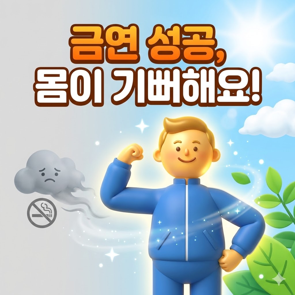 금연 후 몸이 건강해지는 것을 표현하는 행복한 캐릭터가 활짝 웃고 있는 3D 카툰 일러스트.