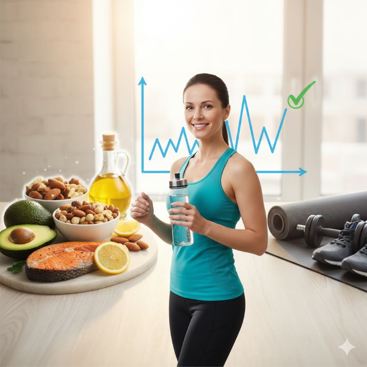 건강한 30대 여성이 케토제닉 식단과 운동을 실천하는 라이프스타일 컨셉 이미지. 왼쪽에는 아보카도, 견과류, 기름진 생선 등 케토 식품들이, 오른쪽에는 덤벨과 운동매트가 배치. 중앙에 운동복을 입은 여성이 활기찬 표정으로 물병을 들고 있는 모습. 배경에는 혈당 그래프가 안정된 패턴을 보이며, 전체적으로 건강하고 활동적인 라이프스타일을 표현한 밝고 깔끔한 이미지
