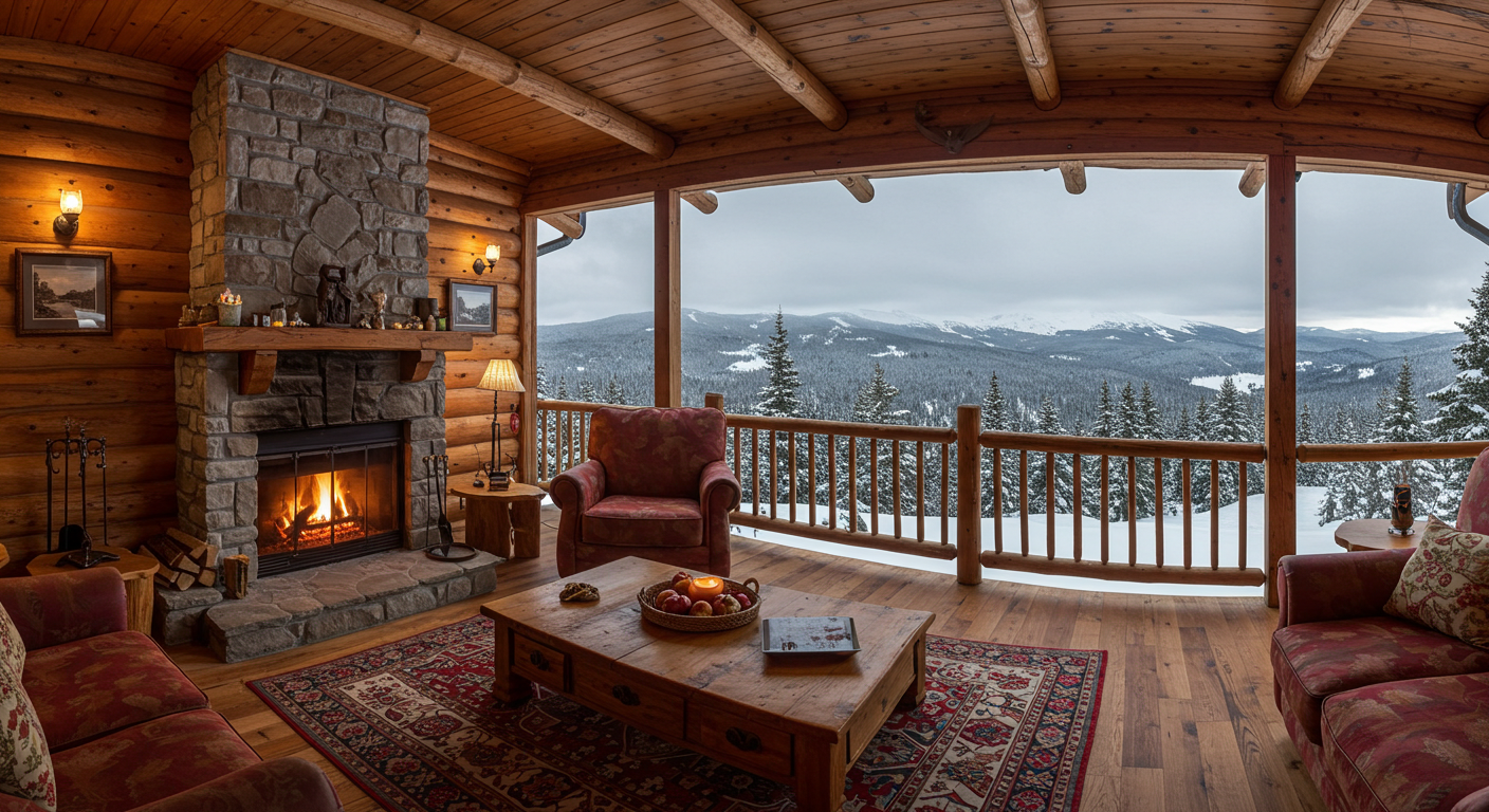 창문 너머 설경과 타오르는 벽난로가 담긴 고화질 겨울 감성 사진