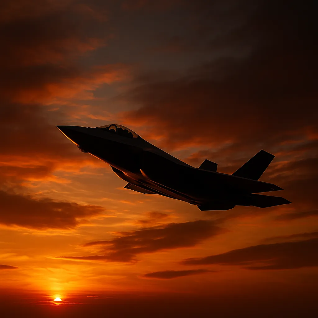 노을진 하늘을 배경으로 비행 중인 전투기
