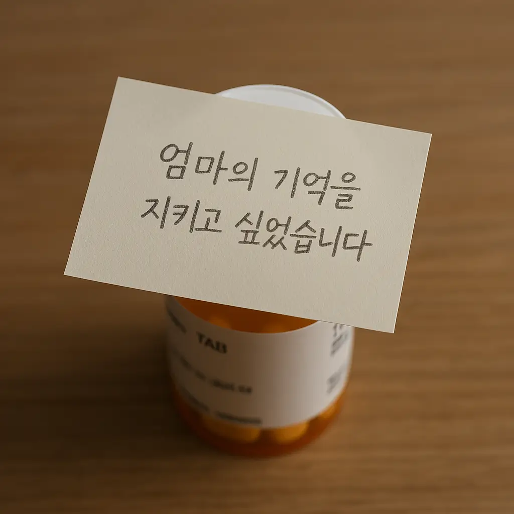 약통 위에 '엄마의 기억을 지키고 싶었습니다'라고 적힌 딸의 메모, 엄마의 기억을 지키고 싶은 딸의 마음을 표현함