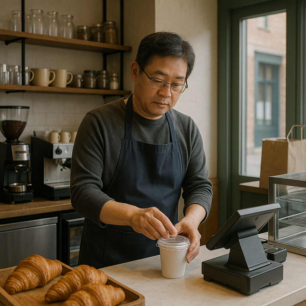 1인자영업자가 커피숍에서 일하는 사진