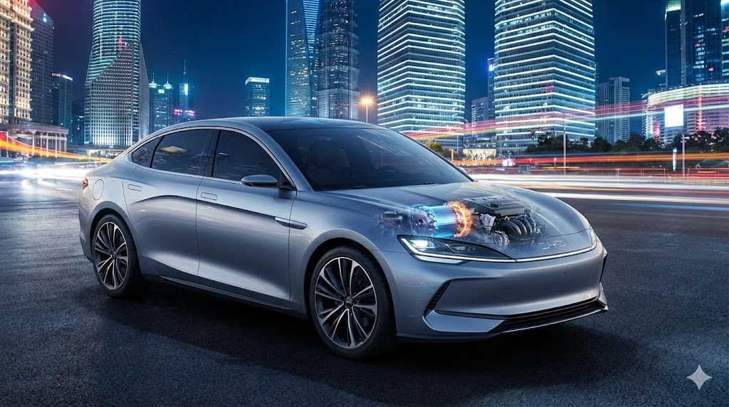 2026년형 하이브리드 엔진과 전기 모터의 조화를 나타내는 디지털 그래픽 디자인