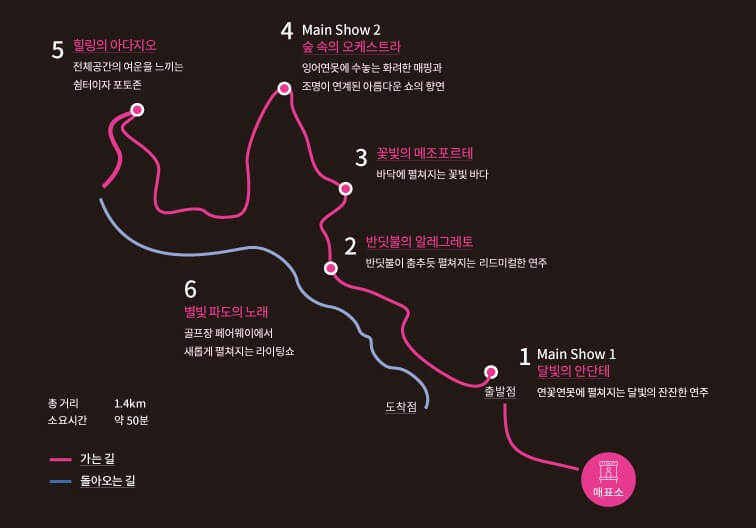 오크밸리 3D 라이팅쇼 소나타오브라이트는 밤이 되면 환상적인 세계로 변합니다.