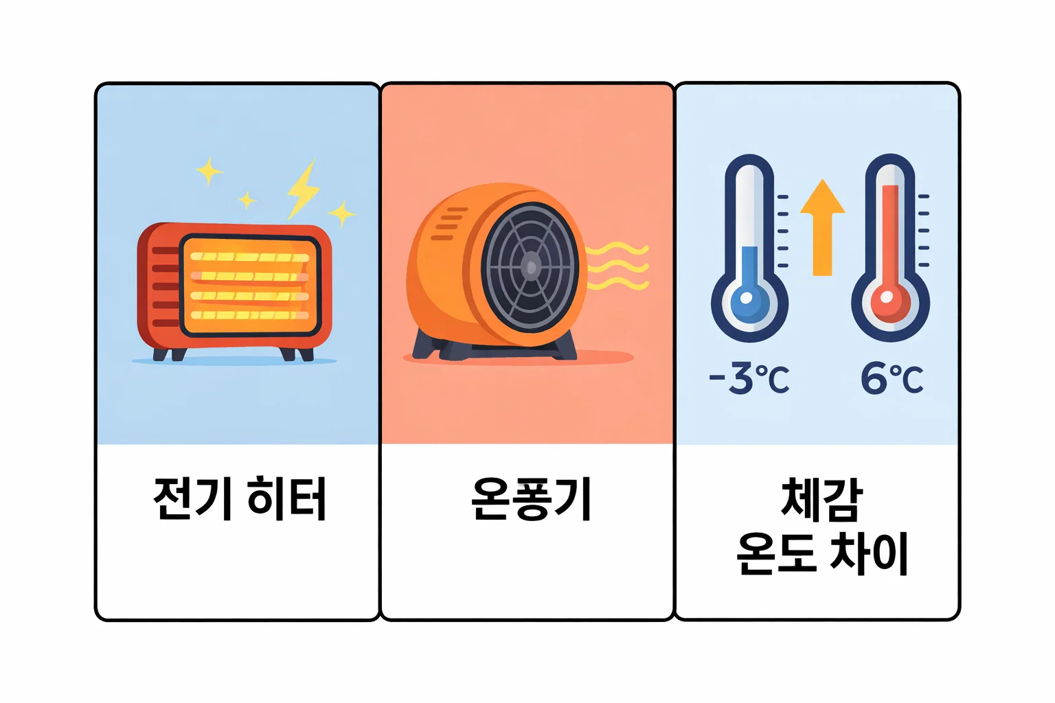 전기 히터와 온풍기 사용 시 체감 온도가 어떻게 달라지는지 온도 상승 폭과 난방 방식 차이로 설명한 체감 온도 비교 이미지입니다
