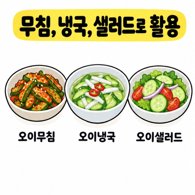 오이무침과 오이냉국, 오이샐러드를 작은 접시와 그릇 그림으로 보여주는 요리 카드