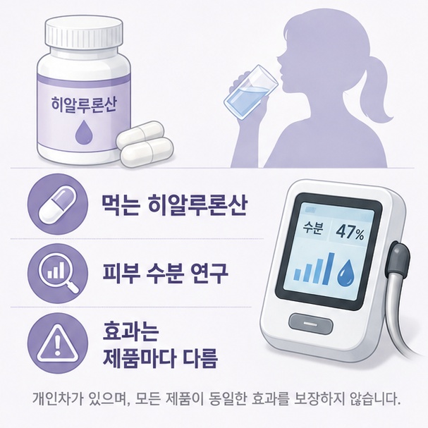 먹는 히알루론산의 피부 수분과 탄력 관련 연구가 진행되고 있지만 제품별 차이가 있음을 보여주는 그림