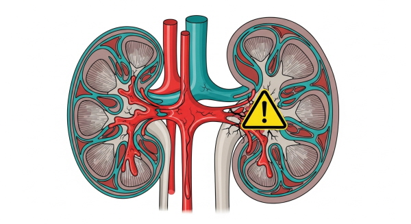 끈적한 혈액으로 인해 손상을 입고 있는 신장(콩팥)의 필터 기능을 보여주는 일러스트
