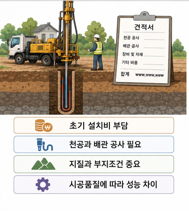 지열 냉난방은 천공과 지중배관 공사가 필요해 초기 설치비가 높고 부지와 지질조건, 시공품질에 따라 성능과 경제성이 달라질 수 있음을 보여 주는 그림