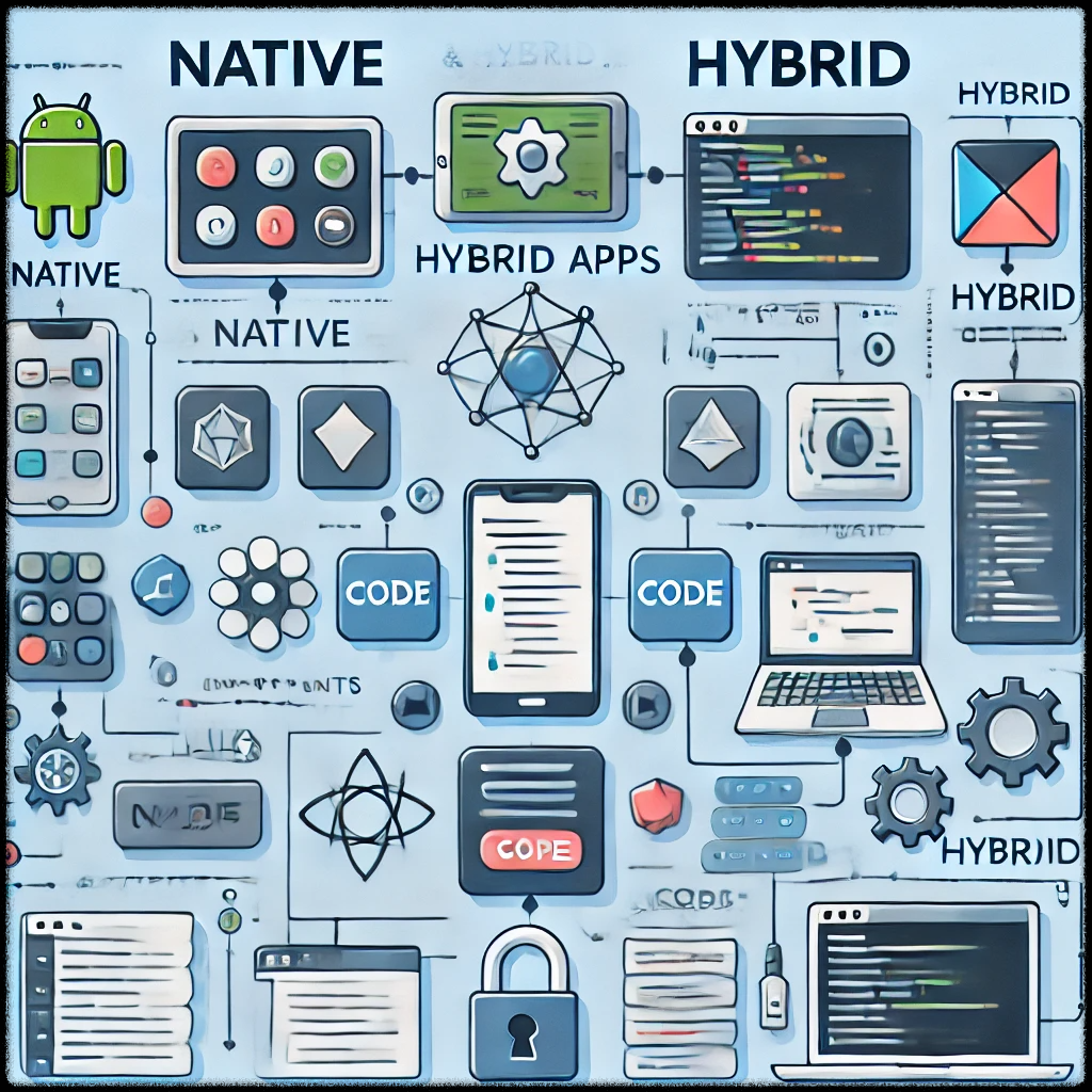 네이티브 앱과 하이브리드 앱의 구성 요소를 설명하는 이미지