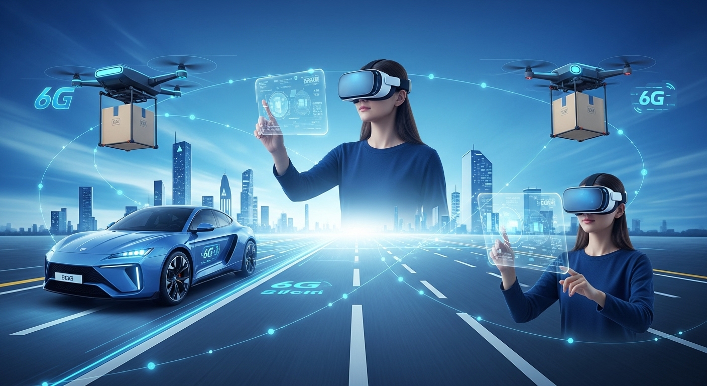 6G 초연결 사회를 보여주는 역동적인 장면. 자율주행차, VR 헤드셋 사용자, 드론 등이 끊김 없는 네트워크로 연결되어 미래 생활을 구현합니다.