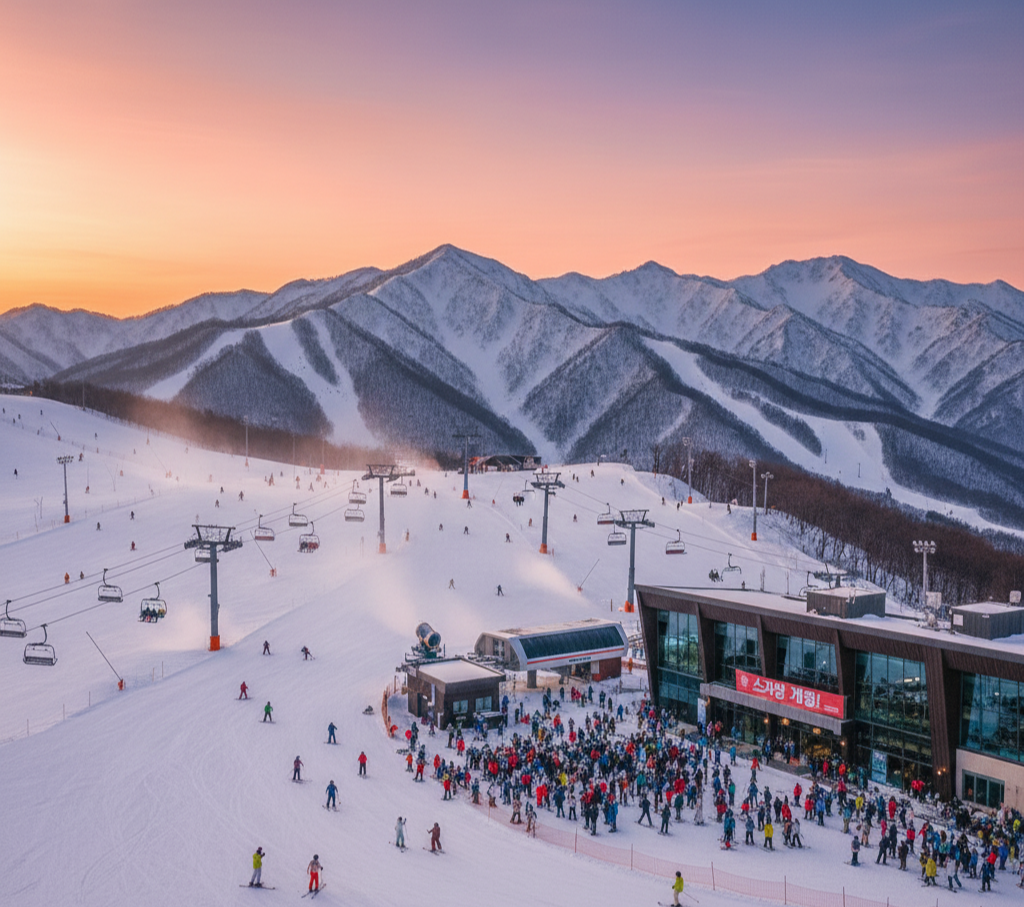 덕유산의 웅장한 설산을 배경으로 한 무주 덕유산 리조트 스키장의 모습. 스키어와 스노보더들이 슬로프를 내려오거나 베이스에서 준비하고 있다.
