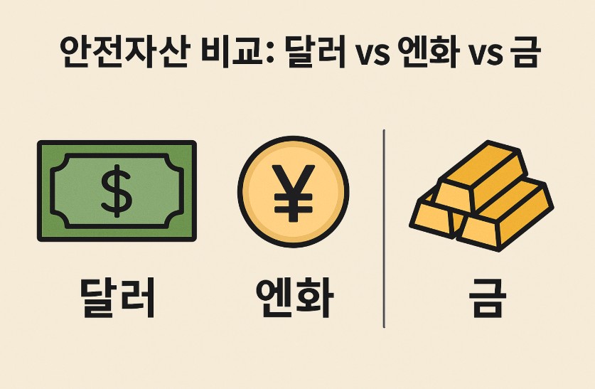 '안전자산 비교: 달러 vs 엔화 vs 금'이란 주제를 표현한 이미지입니다.