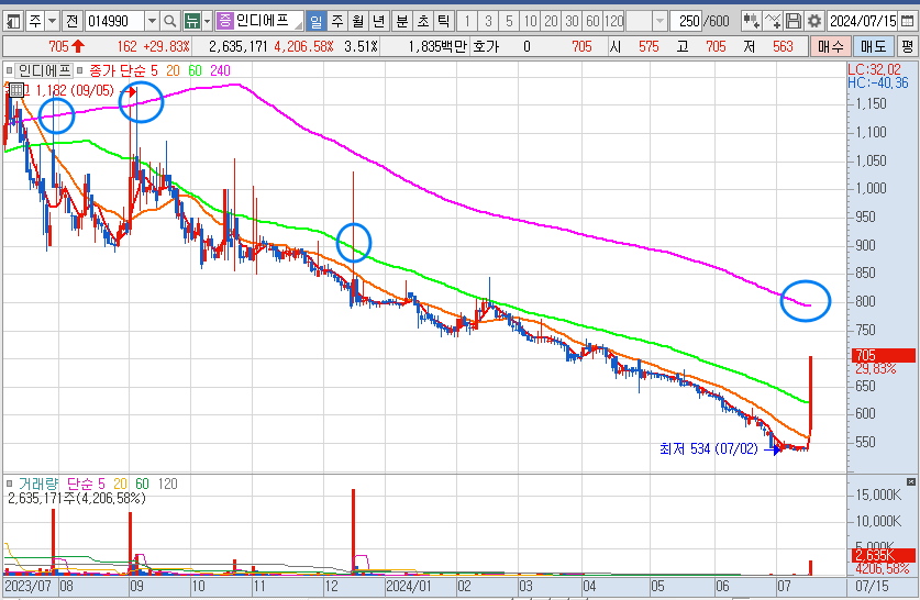 인디에프 주가 일봉 차트 분석