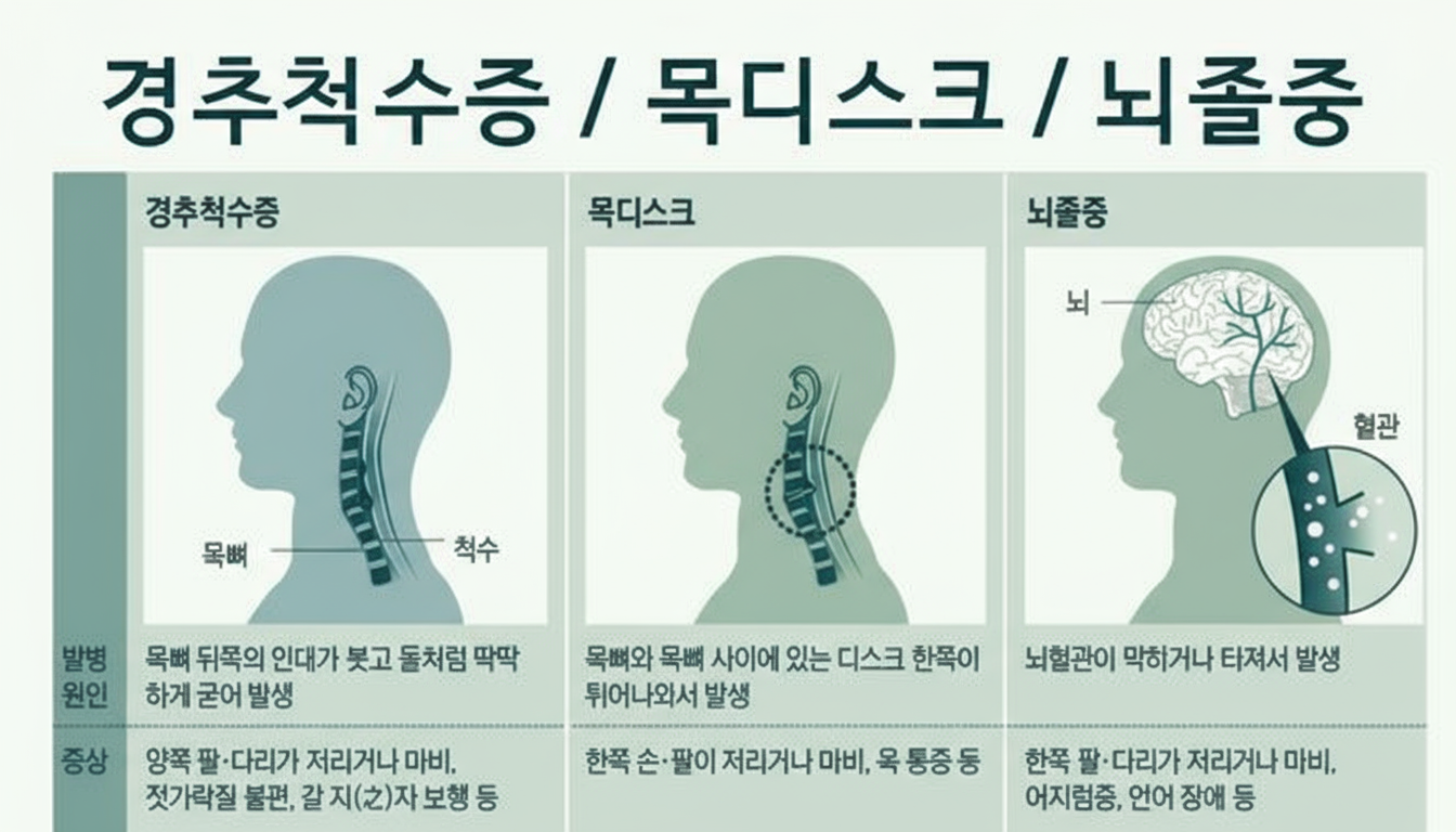 경추척수증 목디스크 뇌졸중 차이점 설명 이미지