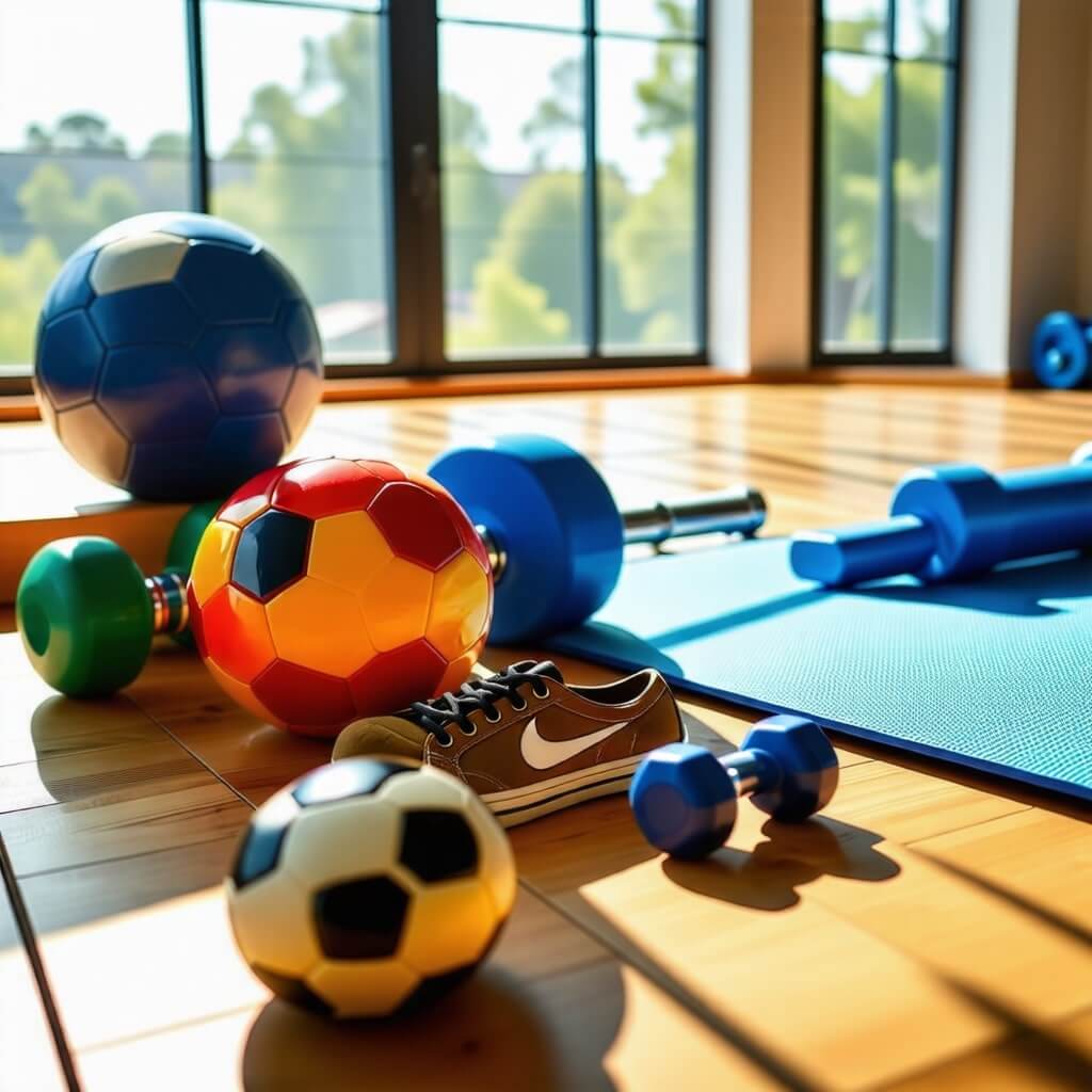 기초생활수급자를 위한 체육 활동 장비 (예: 운동화, 공 등)의 이미지.