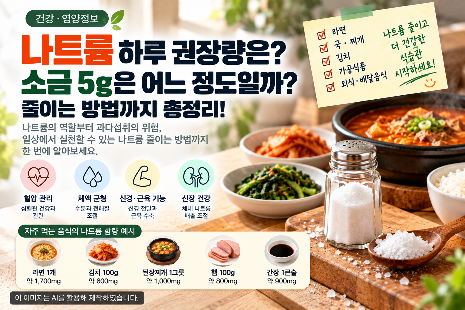 나트륨 하루 권장량과 소금 5g 기준 및 나트륨 줄이는 방법