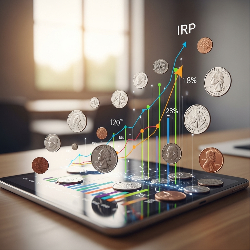 태블릿 화면에 IRP 차트와 동전이 보이는 이미지로, 개인형 퇴직연금의 성장과 노후 자금 마련을 상징합니다.