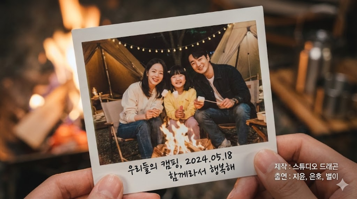 지윤과 은호, 그리고 별이가 함께 캠핑장에서 찍은 폴라로이드 사진