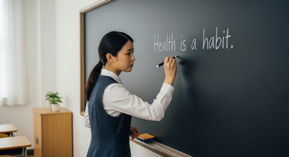 칠판에 ‘건강은 습관입니다’ 문구 쓰는 장면