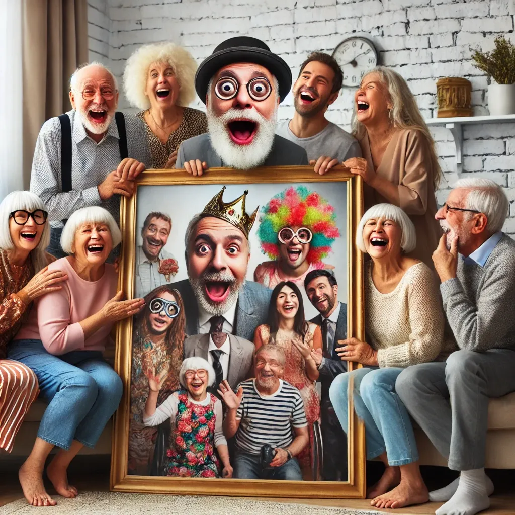 노인들이 커다란 가족 사진을 보며 웃음을 터뜨리는 유머러스한 장면. 사진 속 가족들은 재미있는 표정과 복장을 하고 있으며, 모두가 편안하게 즐거운 시간을 보내는 모습.