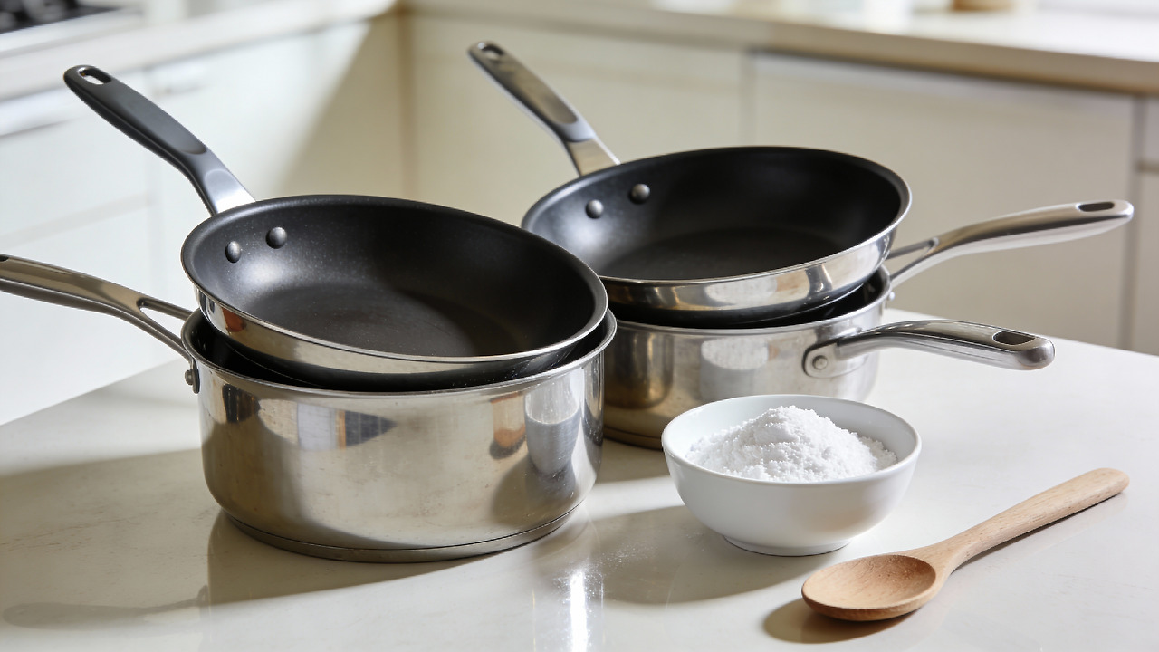 프라이팬을 베이킹소다로 청소 준비하는 사진