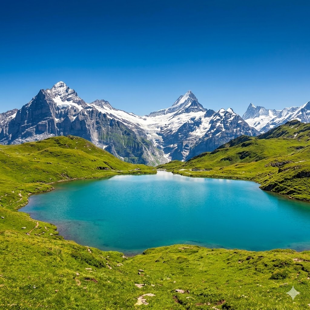 A breathtaking, panoramic 1:1 photograph of the Swiss Alps, featuring vast, lush green meadows and a crystal clear turquoise lake. Majestic snow-capped peaks tower in the background under a serene, deep blue sky.