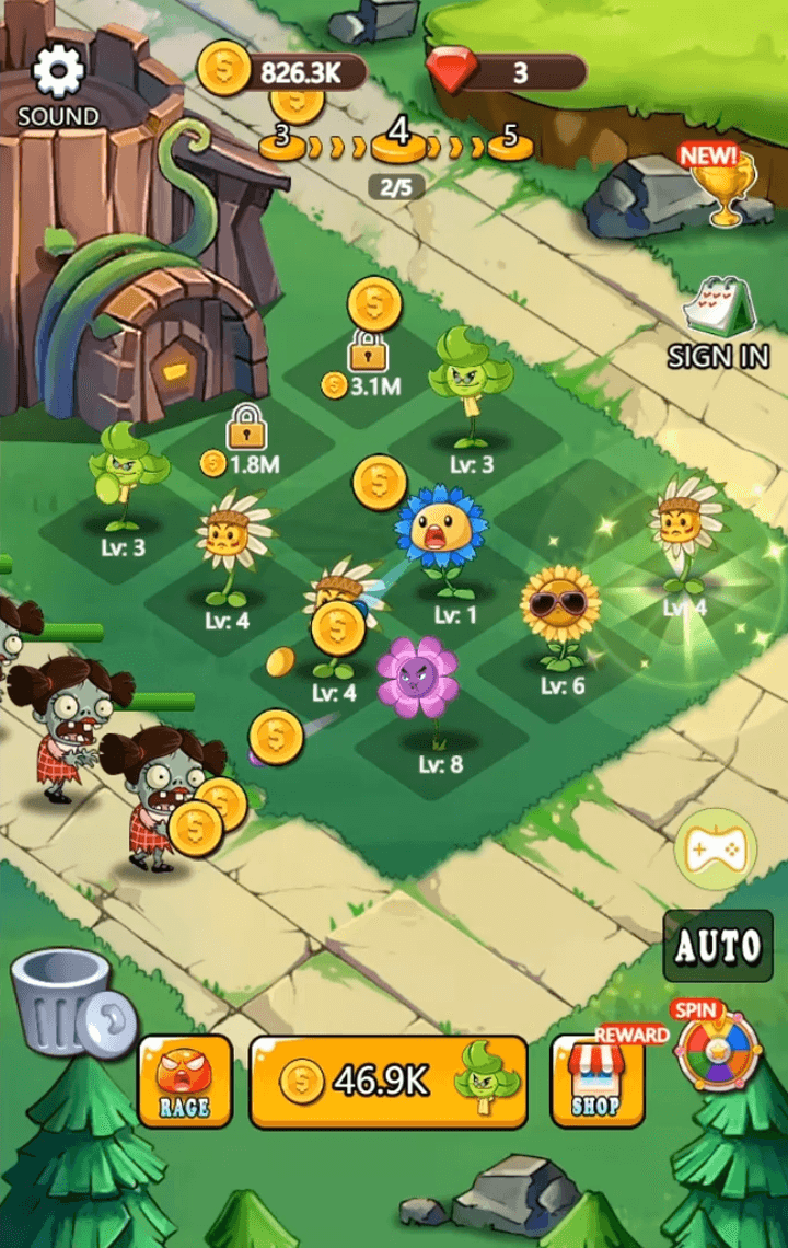 식물-대-좀비-게임하기-플레이-아군-식물들이-좀비를-잡아-동전을-획득한-화면