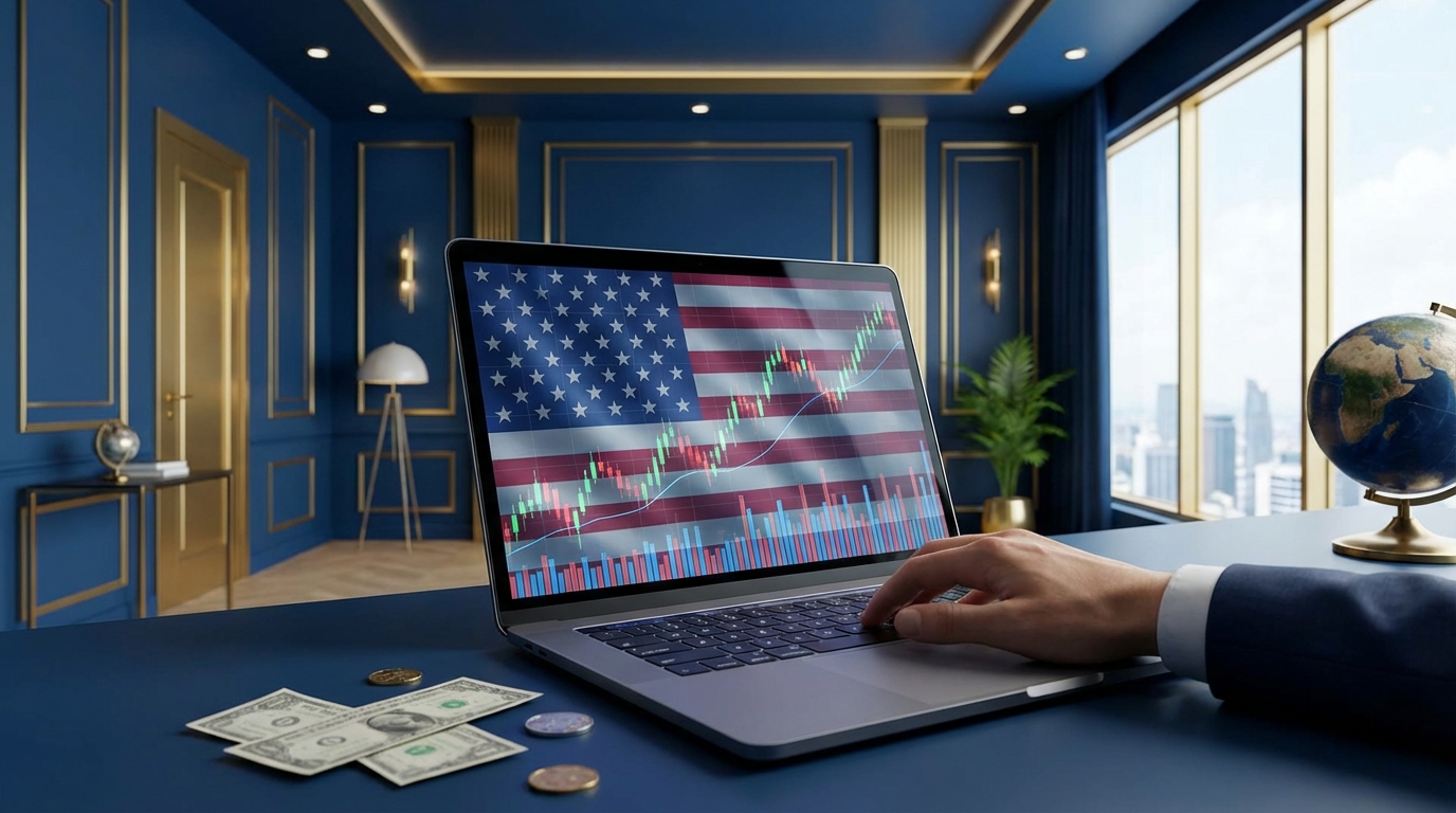 미국 주식 투자 수익률 차트를 보여주는 노트북과 달러 지폐 이미지
