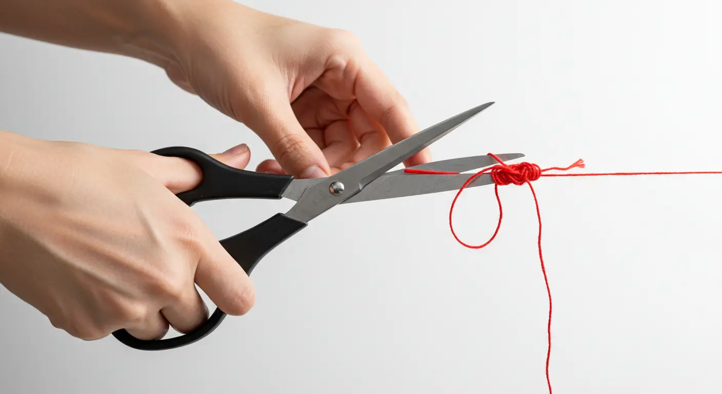 가위로 '연체'를 상징하는 붉은 실을 끊어내며 휴대폰 미납 문제를 해결하는 모습