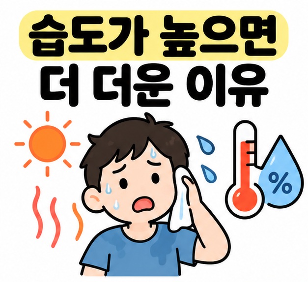 습도가 높으면 더 더운 이유 제목과 땀방울, 온도계, 습도 아이콘을 보여주는 그림