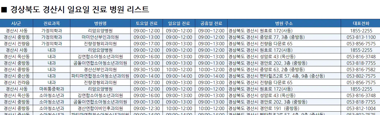 경산시-일요일-진료병원-리스트-예시