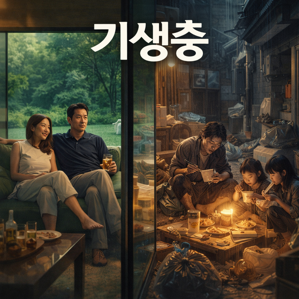 부유한 가족과 가난한 가족의 삶이 대비되는 이미지. 영화제목 기생충 문구가 삽입되어 있음.