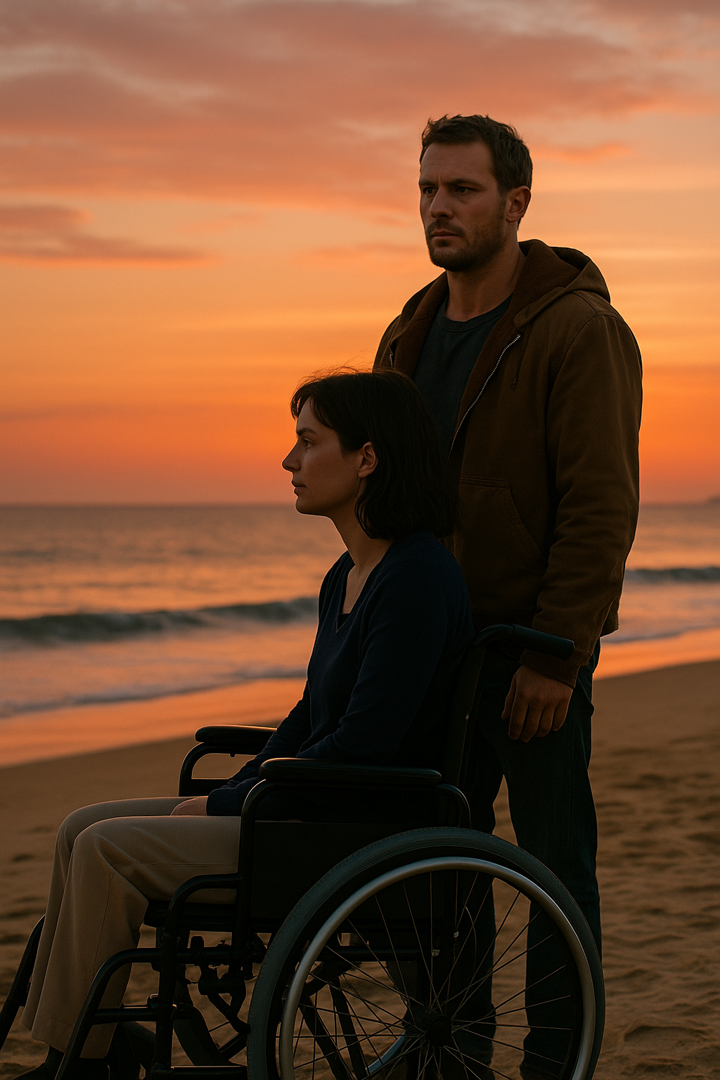 "휠체어에 앉은 여성이 바다를 응시하고 있고, 남성이 그녀 뒤에 조용히 서 있는 장면. 배경은 붉은 석양의 프랑스 해변으로 둘의 감정이 절제되면서도 따뜻하게 표현되어 있다."