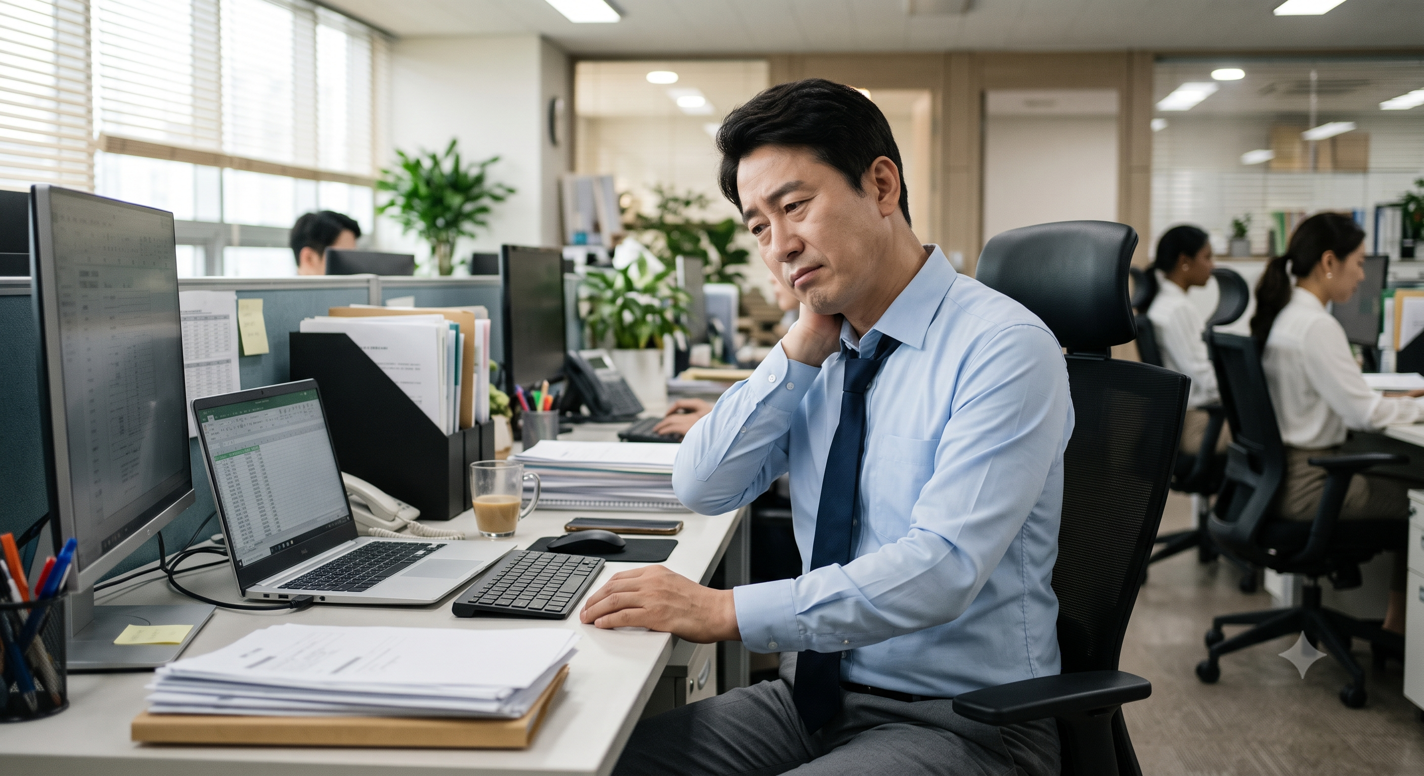 책상에서 목을 짚은 직장인