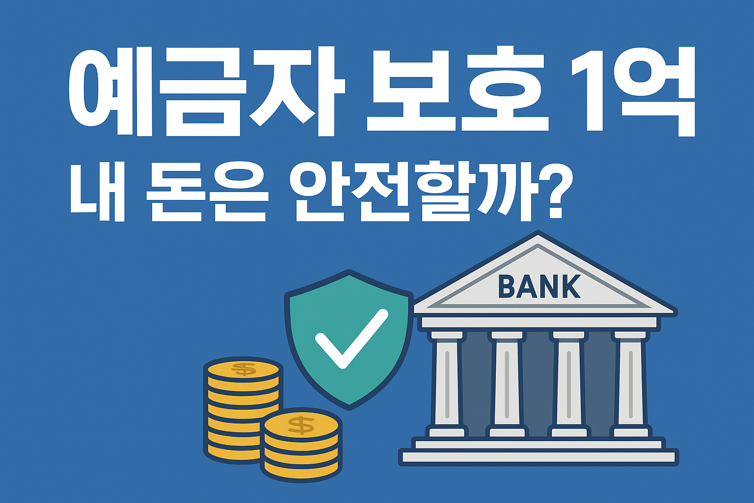 예금자 보호 한도 1억 원을 설명하며, 은행 건물과 보호막으로 안정성을 나타내는 배너