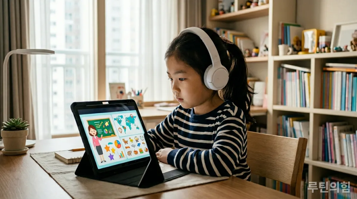 '보기(Viewing)' 영역 학습을 위해 태블릿으로 영어 영상을 시청하는 한국 초등학생