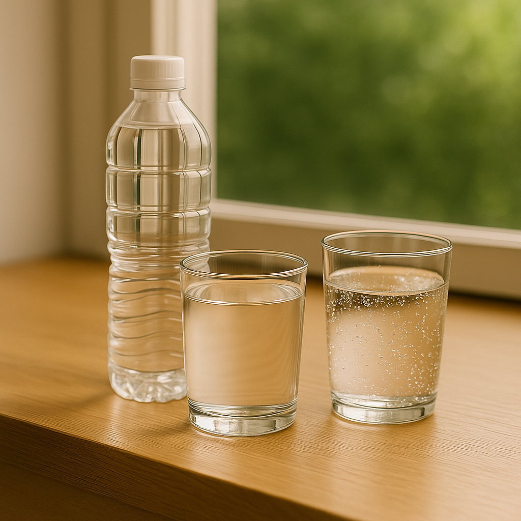 나무 테이블 위에 놓인 생수, 정수기 물, 탄산수 병이 자연광 아래 나란히 배치된 장면