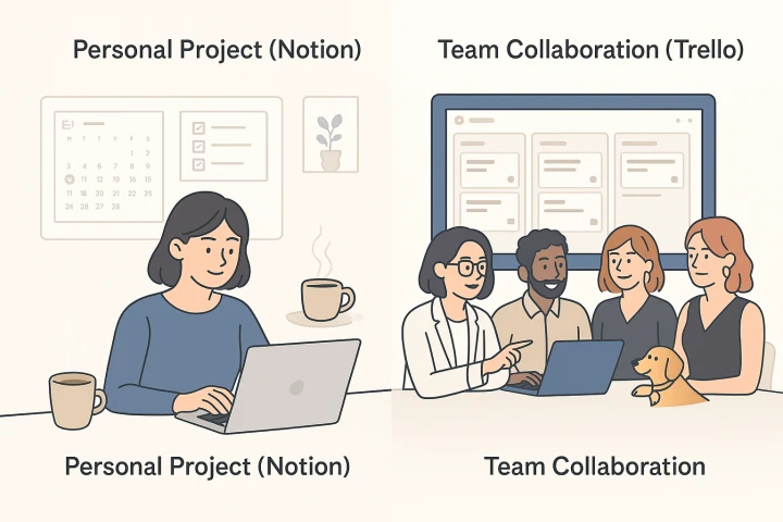 Notion์ ๊ฐ์ธ ํ๋ก์ ํธ์, Trello๋ ํ ํ์
์ ์ ํฉํ ์ฌ์ฉ ์์