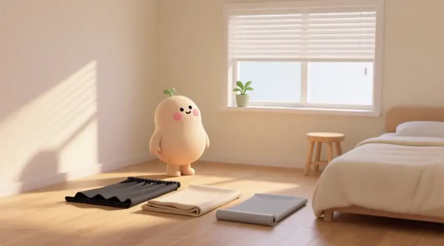 바닥에 놓인 커튼들을 바라보는 캐릭터의 움직이는 장면
