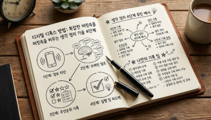 디지털 디톡스 방법과 생각 정리 기술을 위해 자가 진단 테스트와 '5분 지연', '가치 기록' 전략을 도표로 정리한 집중 노트와 아날로그 시계 사진