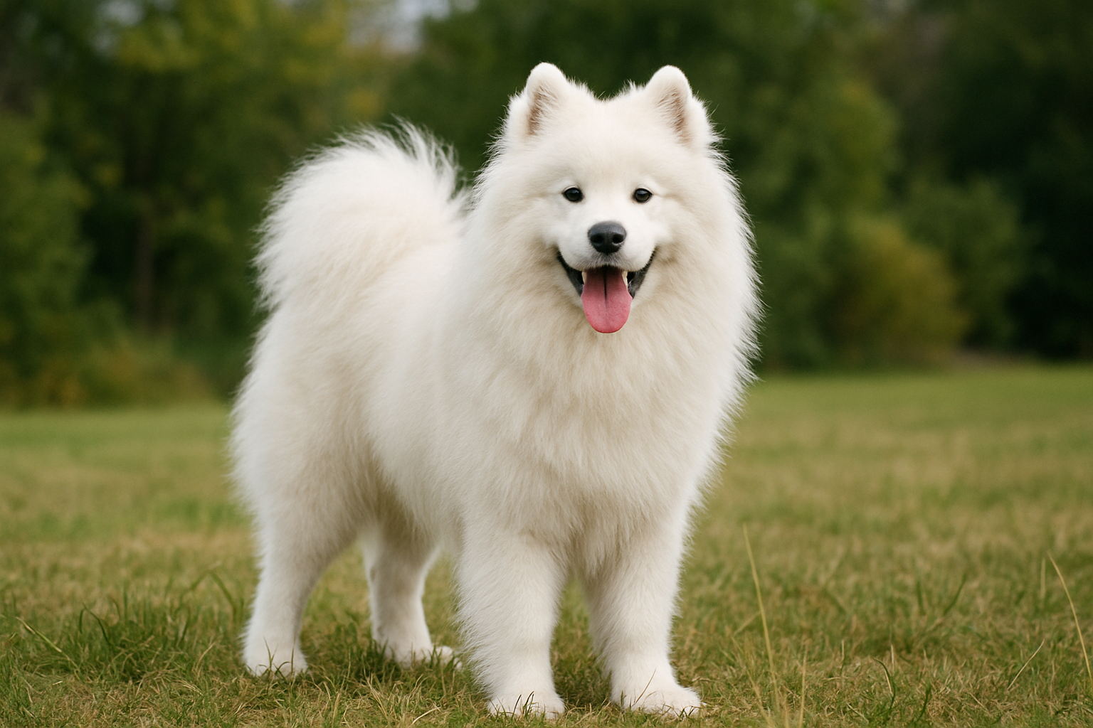 푸른 나무를 배경으로 잔디밭 위에 사모예드 한 마리가 웃는 얼굴로 혀를 내밀고 서있다.