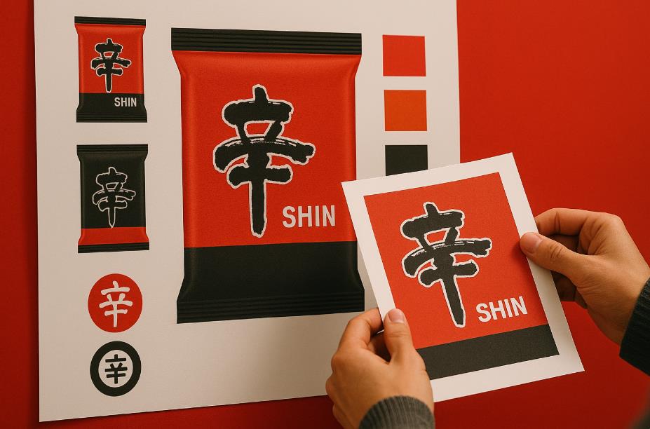 붉은 배경 속 &lsquo;辛&rsquo; 로고 디자인 검토