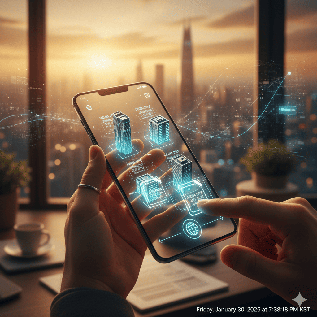 스마트폰 화면 속 홀로그램 빌딩과 블록체인 기반 부동산 디지털 소유권 인증 인터페이스