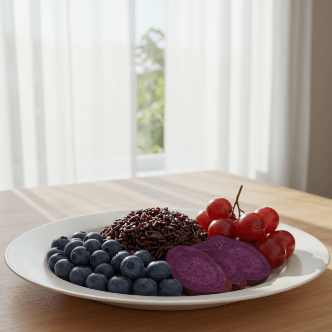 안토시아닌이 풍부한 블루베리, 적포도, 흑미, 자색고구마가 하얀 접시에 담겨 있다.