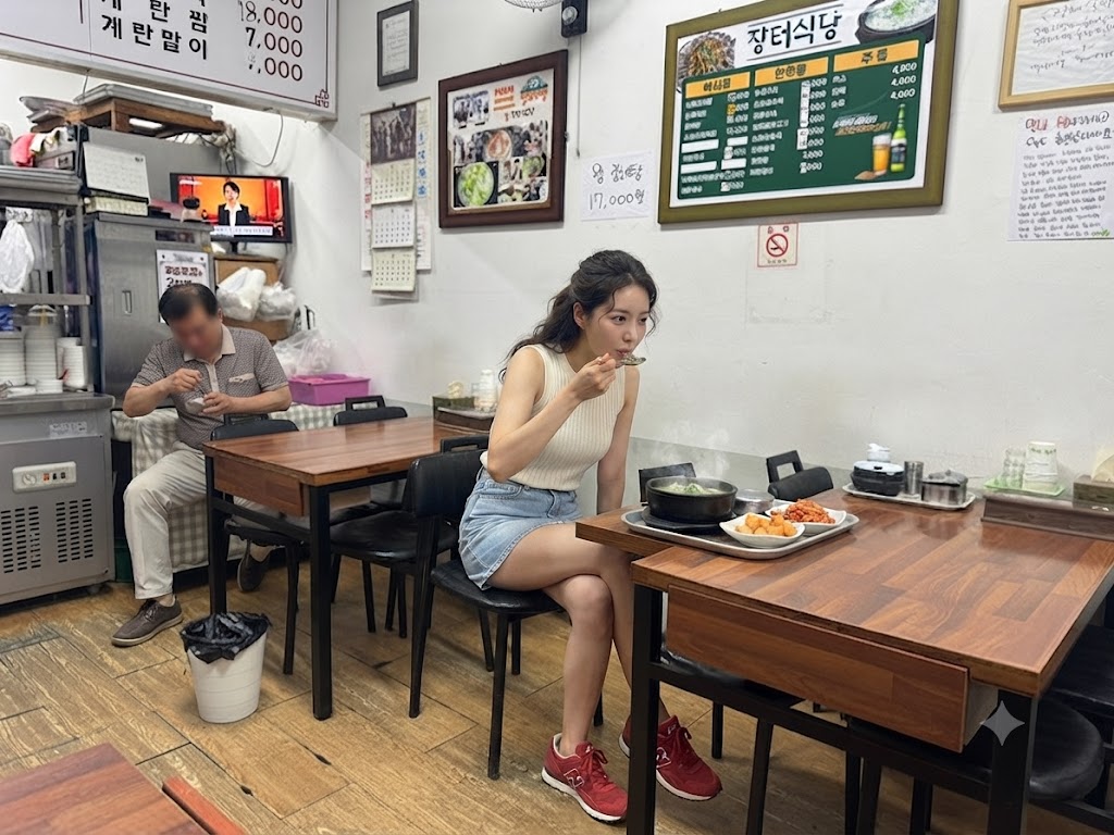 '장터식당'에서 국밥을 먹고 있는 여성